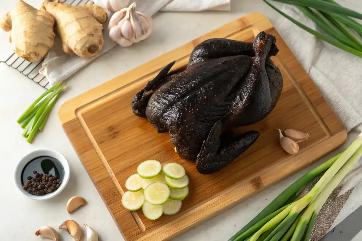 Black Chicken Recipe: Delicious Ideas and Tips Raw black chicken with ginger, garlic, and green onions on a cutting board.