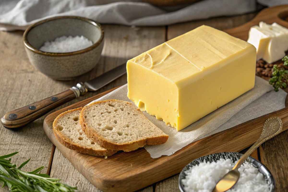 Smooth golden lactose-free butter on a rustic table.