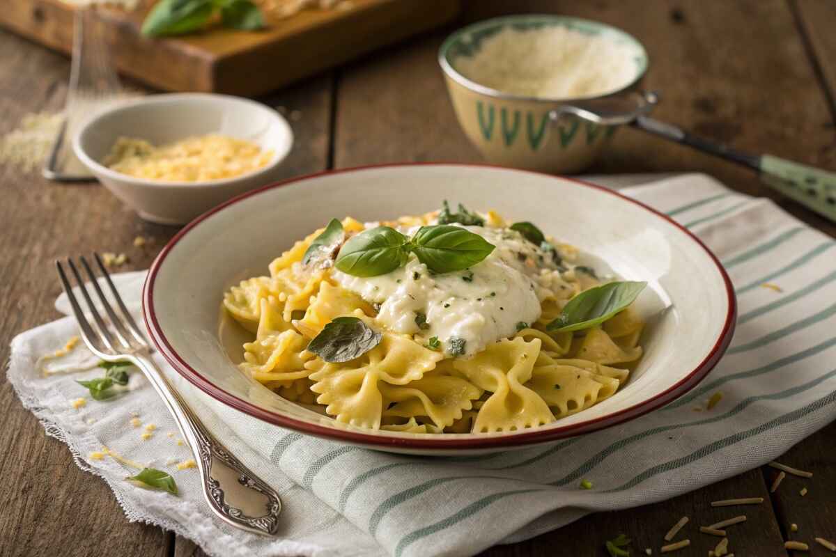 Mafaldine pasta with creamy ricotta sauce garnished with basil and Parmesan.