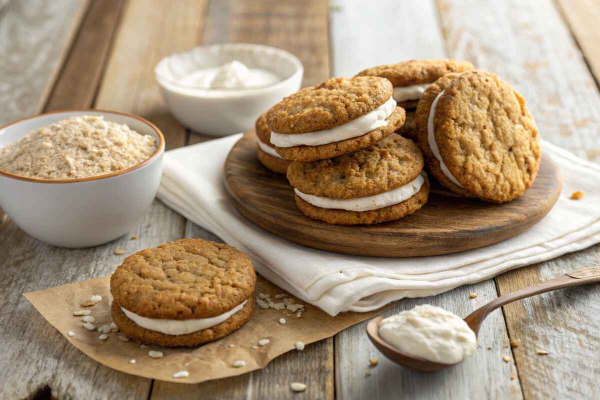 Nut-free oatmeal cream pies on a wooden table with oat flour and marshmallow fluff.