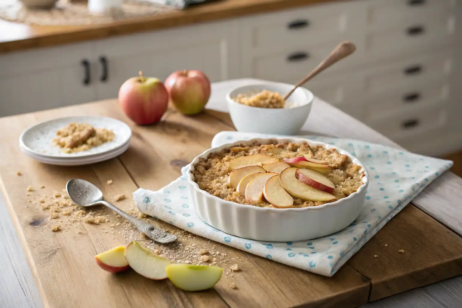 apple crumble recipe for babyBaby-friendly apple crumble in a white dish with a baby spoon