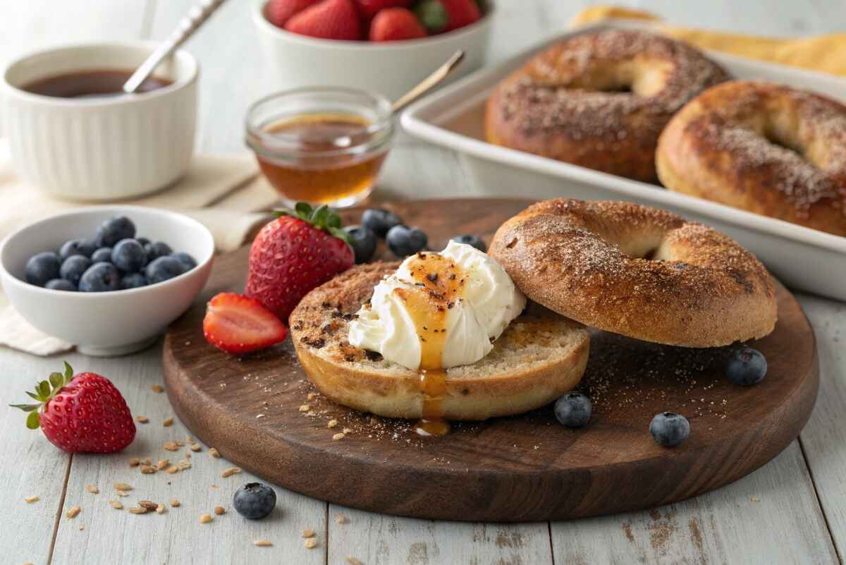 A fresh French toast bagel topped with cream cheese and maple syrup on a breakfast table.