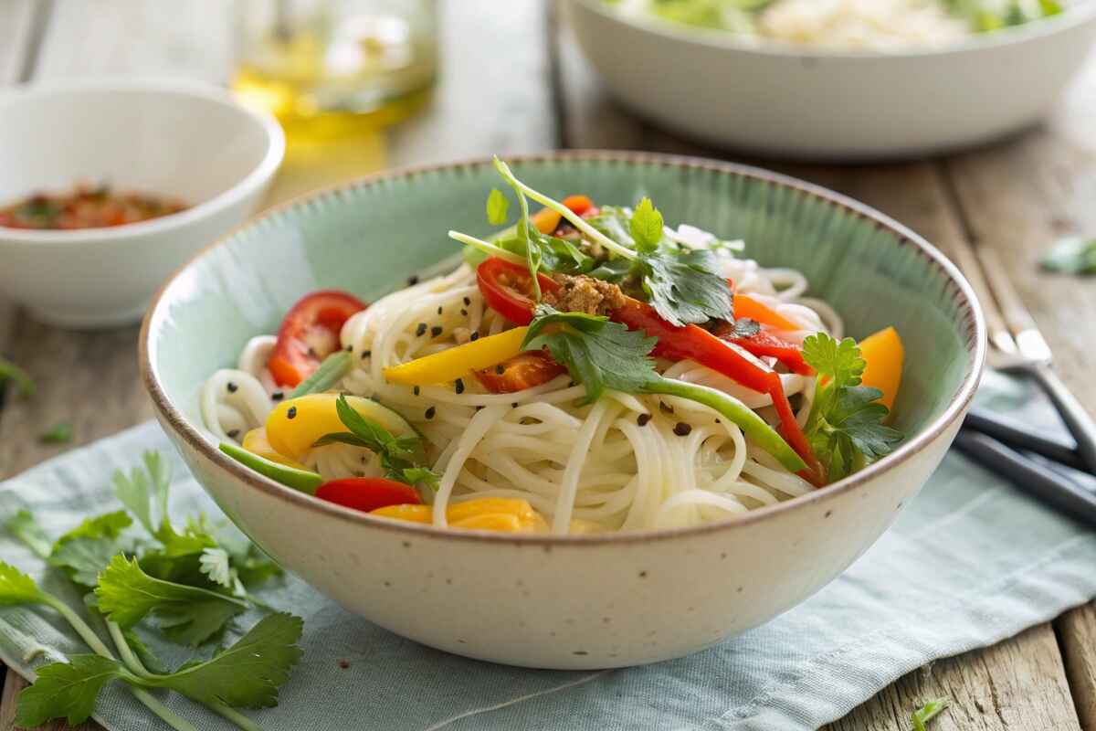 luten-Free Egg Noodles with Fresh Vegetables and Sauce