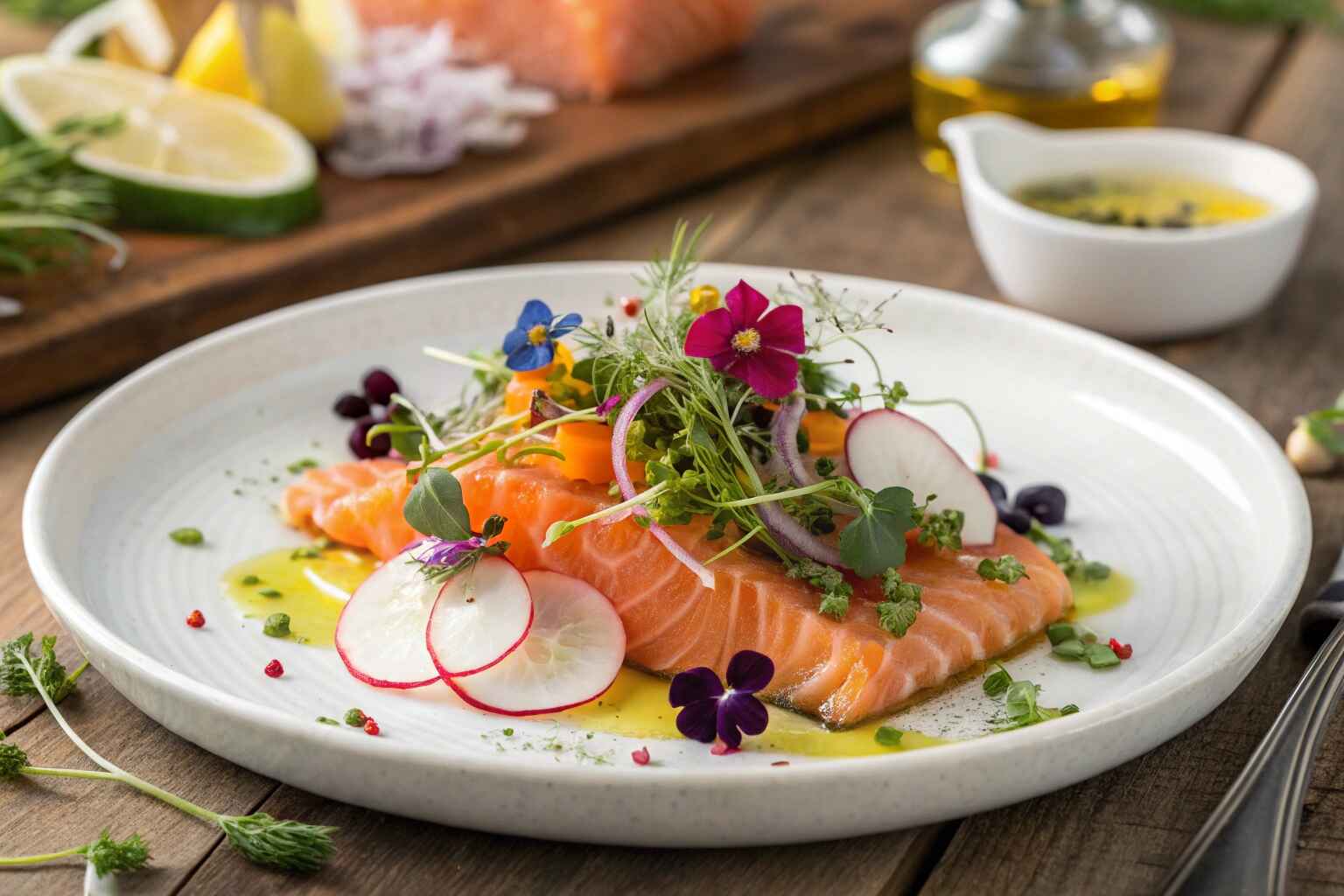 Plated salmon crudo with microgreens, radishes, and edible flowers