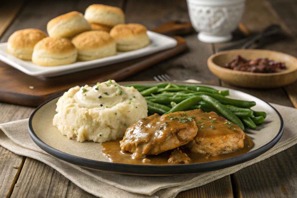 Chicken and gravy served with mashed potatoes, biscuits, and vegetables.