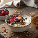 Bowl of creamy lactose-free yogurt with berries, granola, and honey.