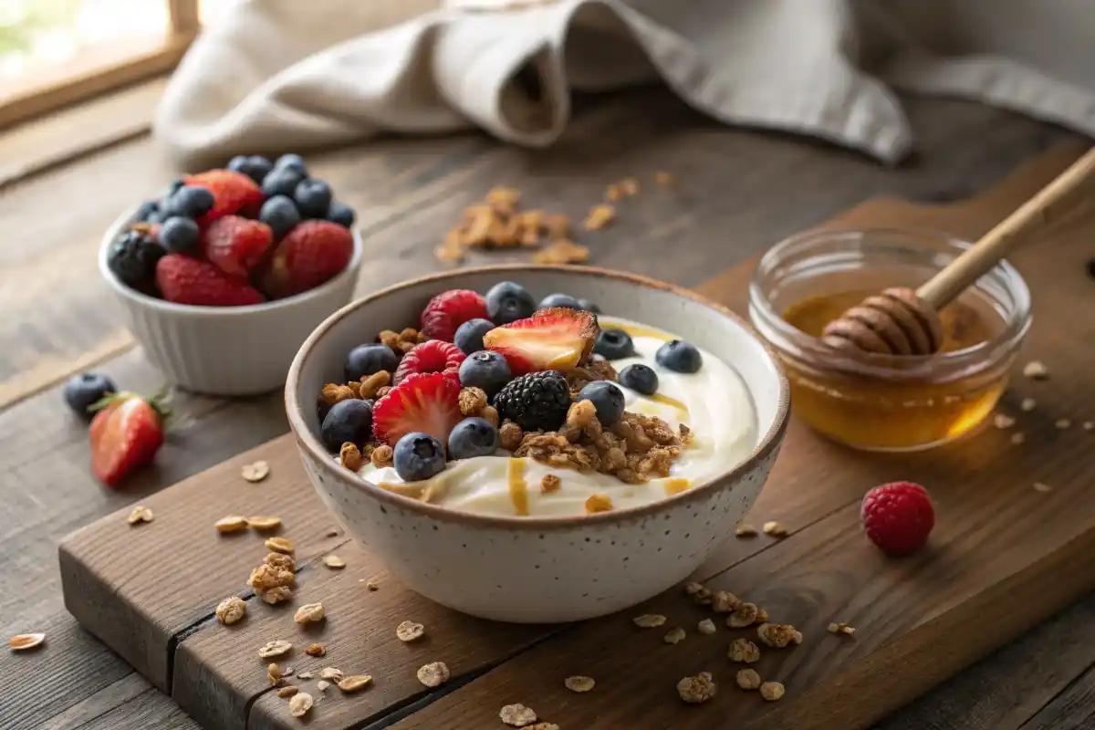 Bowl of creamy lactose-free yogurt with berries, granola, and honey.