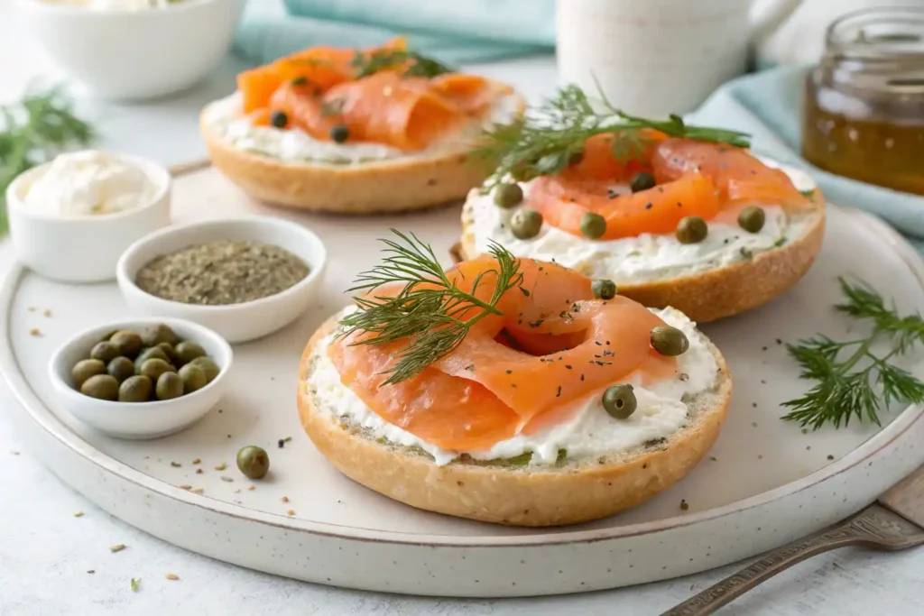 Sliced sourdough bagels with cream cheese and smoked salmon