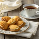 Golden madeline cookies with cream on a plate.