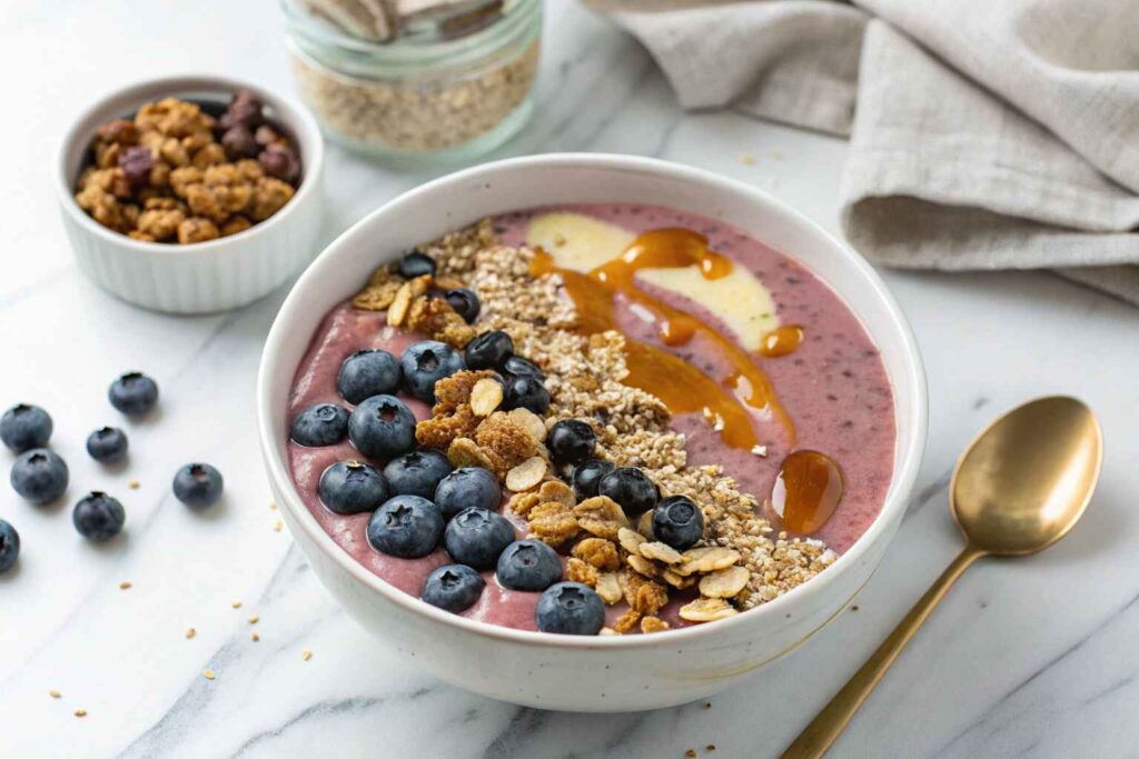 Low FODMAP blueberry smoothie bowl with granola and chia seeds