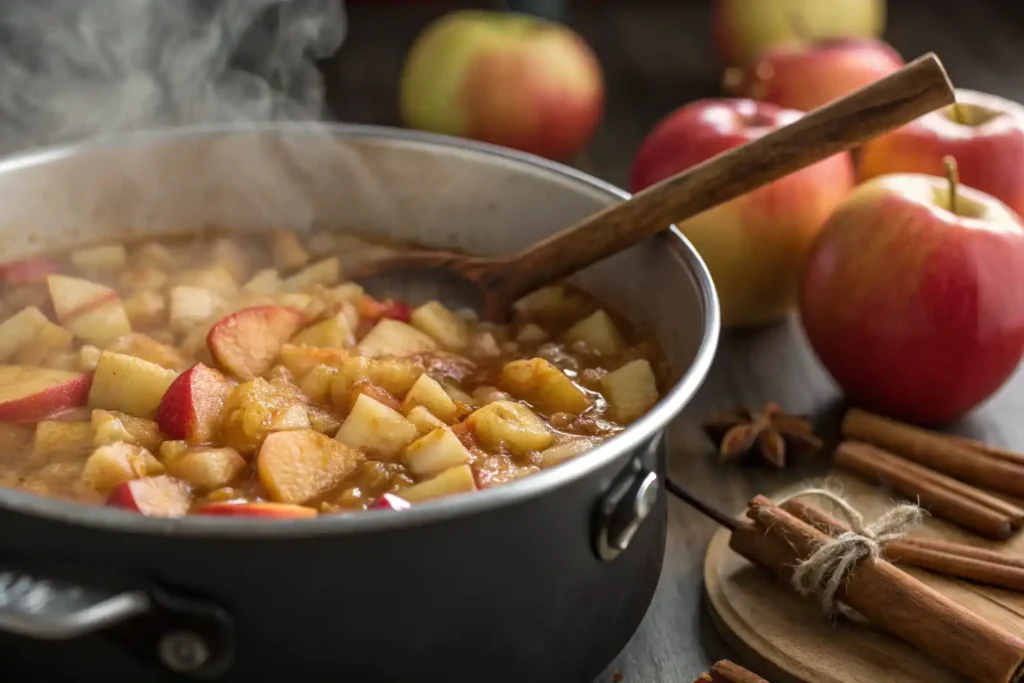 apple crumble recipe for baby Diced apples simmering in a pot with cinnamon