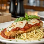 Chicken Parmesan served with spaghetti and fresh basil