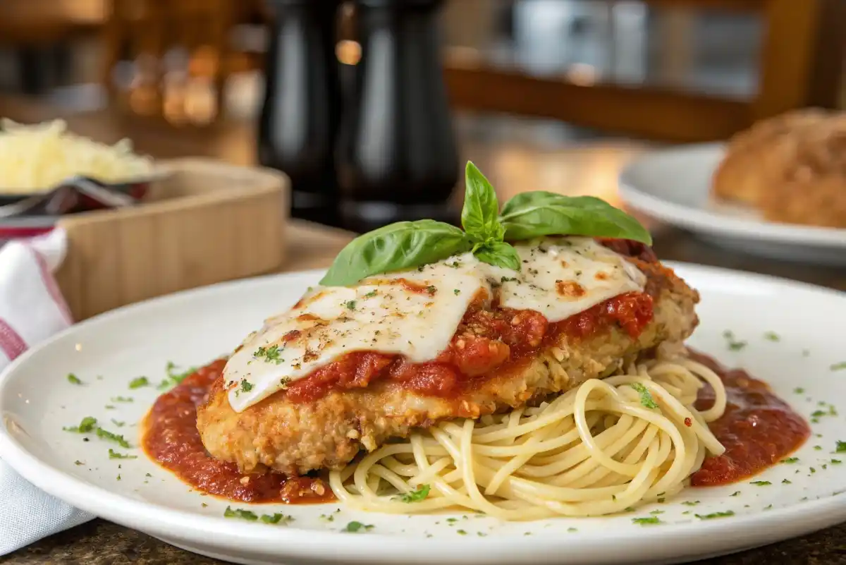 Chicken Parmesan served with spaghetti and fresh basil