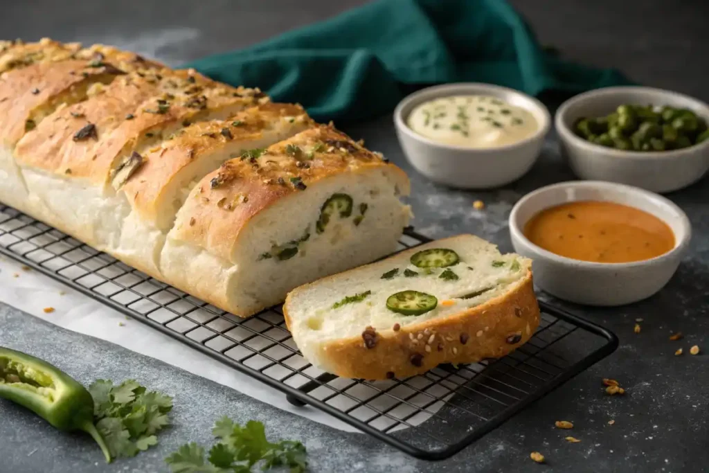  Sliced vegan jalapeño cheese artisan bread with dipping sauces.