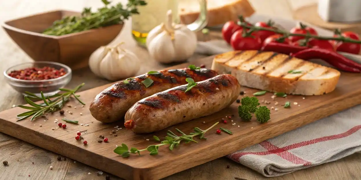 Grilled Roma hot Italian sausages with herbs and bread.