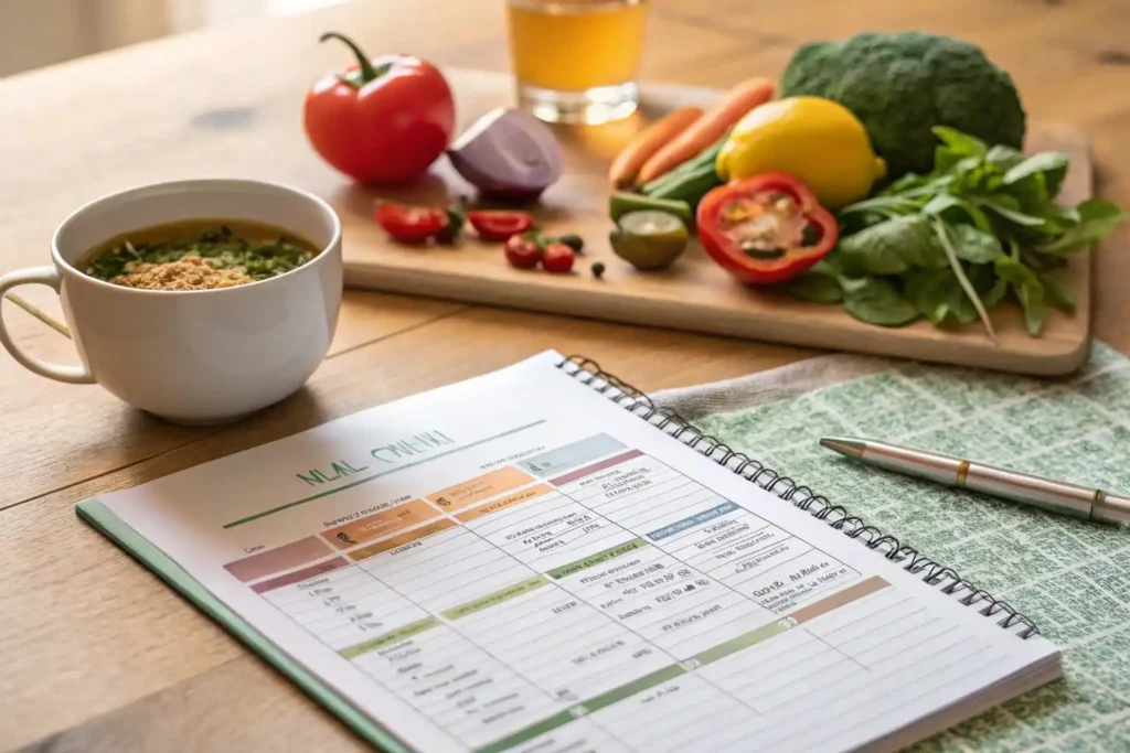 A detailed meal plan for the Low FODMAP and Candida diet with fresh vegetables and tea.