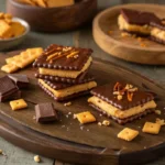 Chocolate-dipped Cheez-It peanut butter sandwiches on a plate