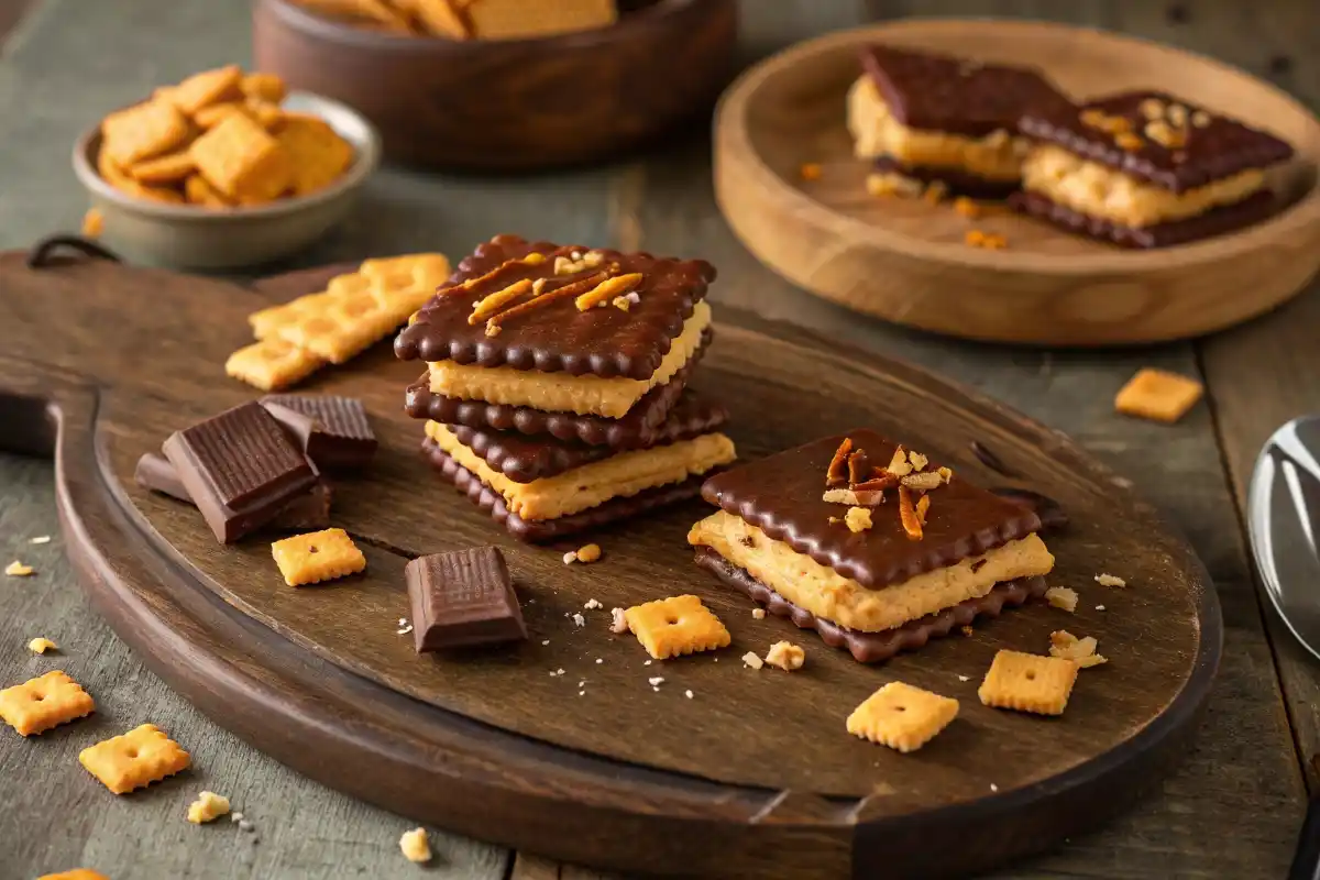 Chocolate-dipped Cheez-It peanut butter sandwiches on a plate