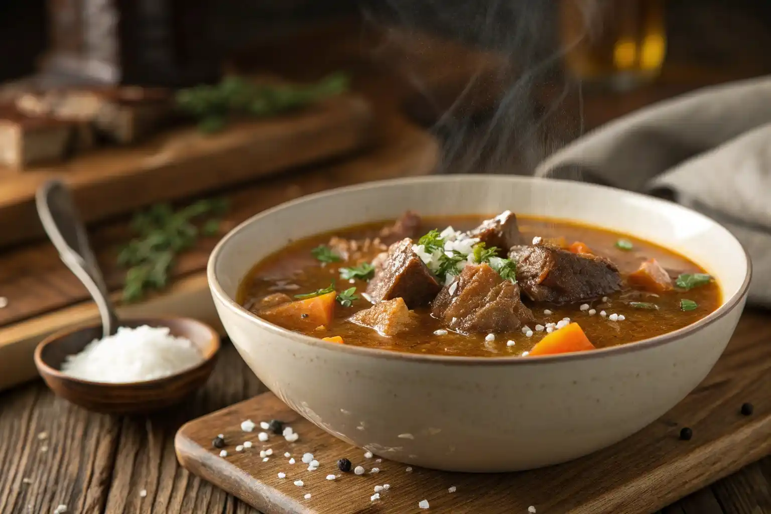 Best Soup on Carnivore Diet Carnivore soup with beef bone broth on a wooden table.