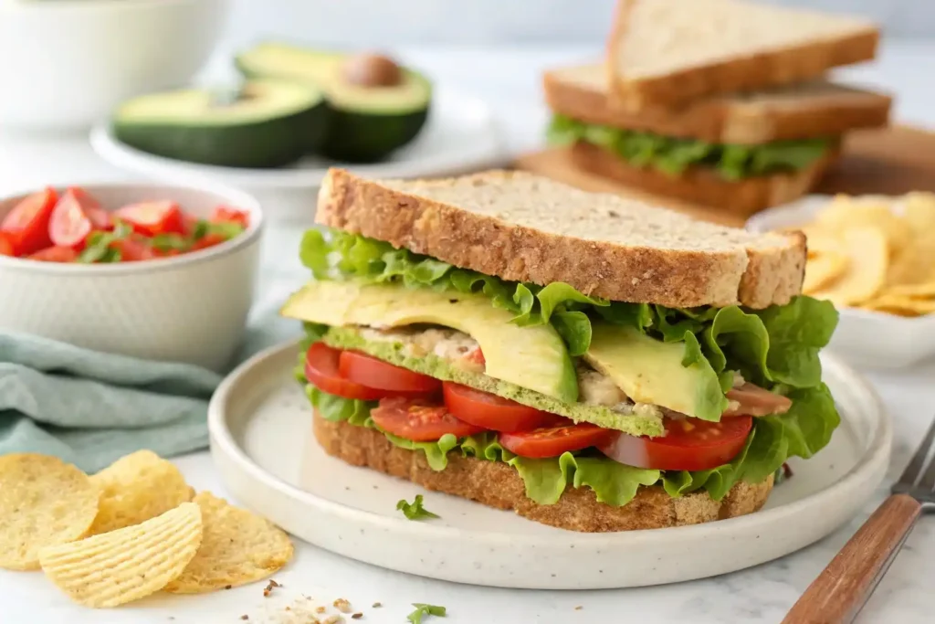 gluten free bread A sandwich made with gluten free bread, layered with fresh veggies.