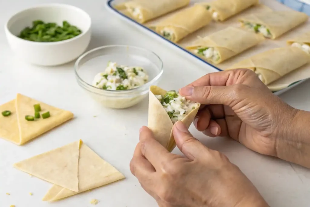  Step-by-step process of assembling egg rolls with goat cheese and jalapeno.