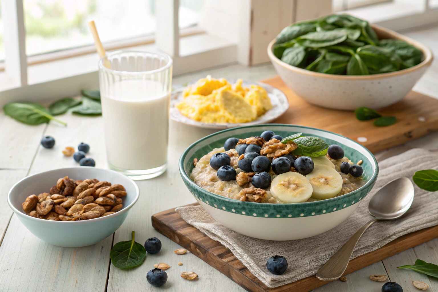 Low FODMAP breakfast spread with oatmeal, eggs, and almond milk