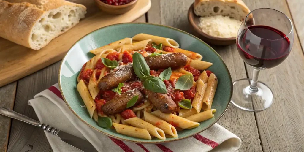 Roma sausage hot Italian recipe Roma sausage with penne pasta and marinara sauce.