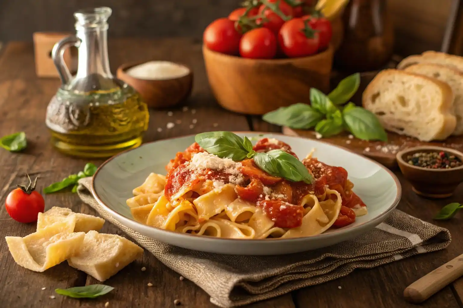 Mafaldine Pasta, Mafaldine pasta served with tomato sauce and fresh basil.