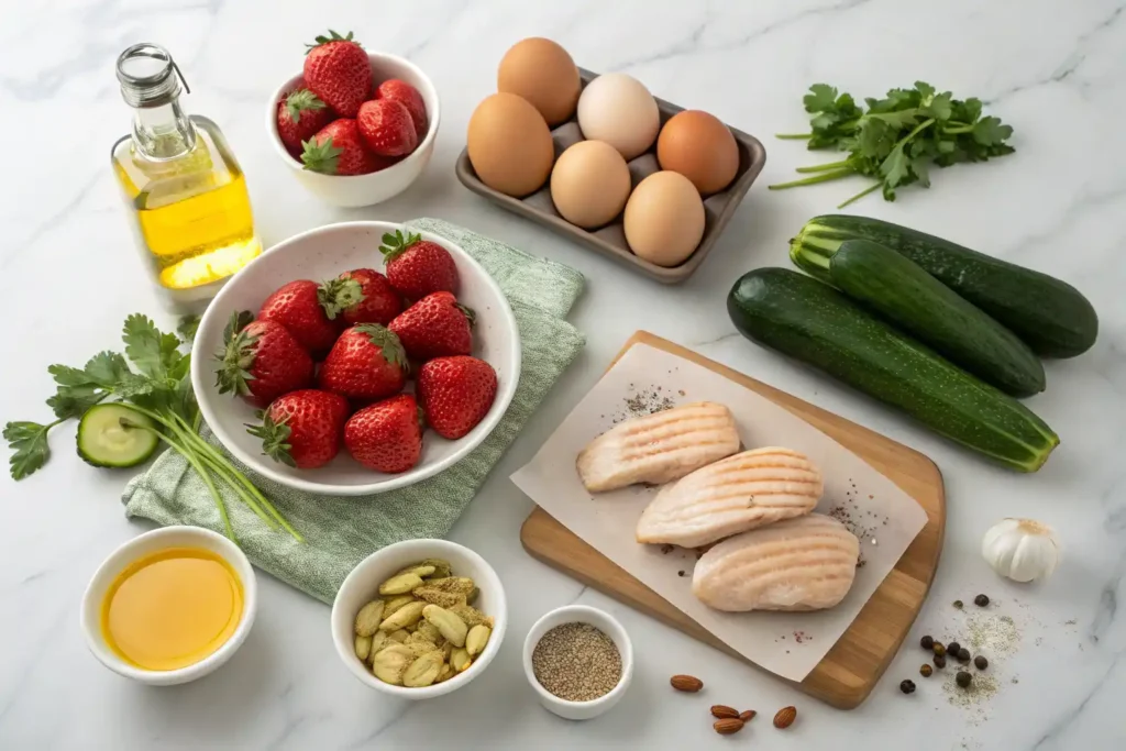 Low FODMAP and Candida-friendly foods including strawberries, zucchini, and olive oil.