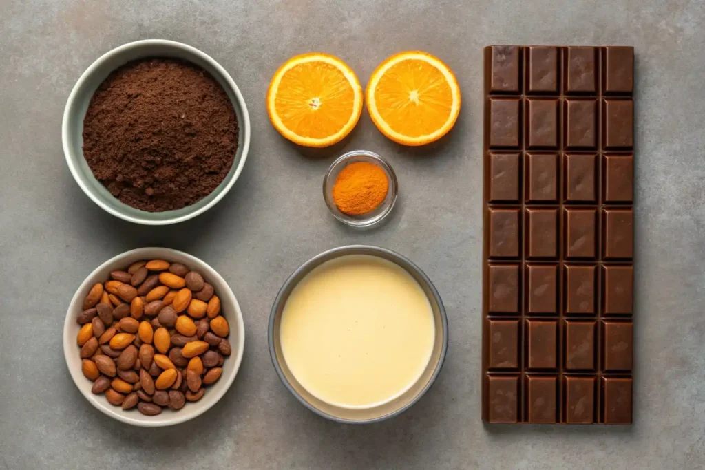 Baking process for chocolate orange almond cake with ingredients on a countertop.