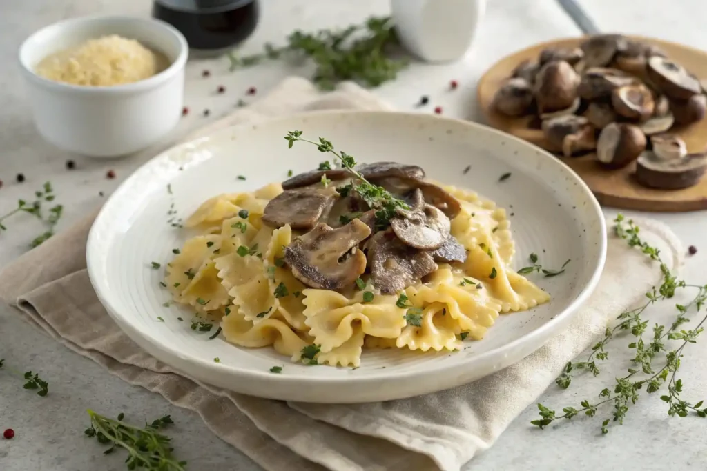 Mafaldine pasta with creamy mushroom sauce and fresh thyme.