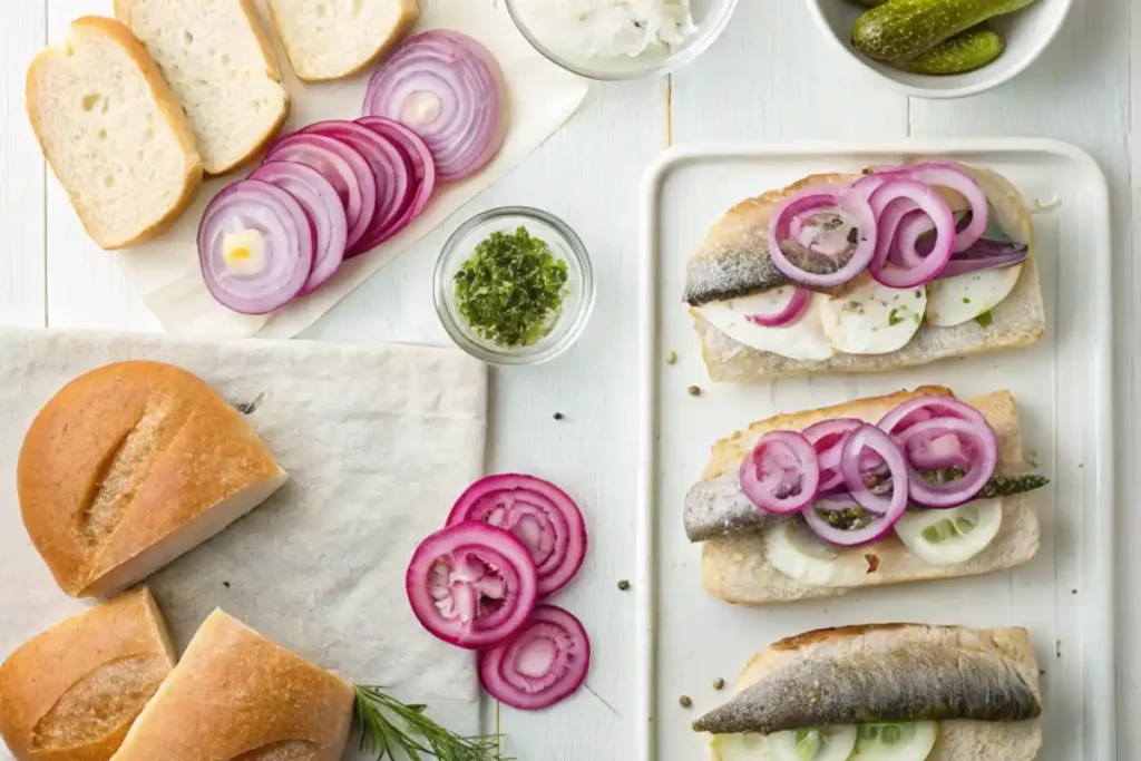 Ingredients for Matjesbrötchen including herring, onions, rolls, and pickles.