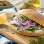 Matjesbrötchen sandwich with pickled herring and onions on a wooden board.