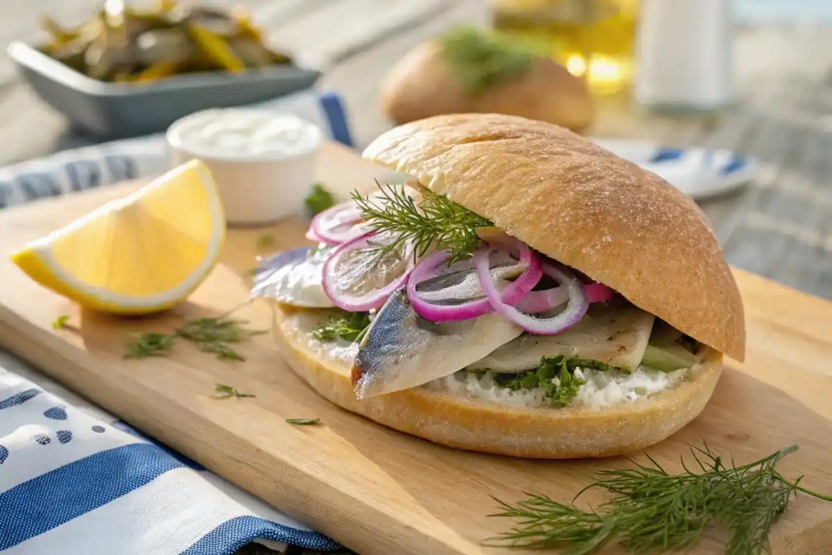 Matjesbrötchen sandwich with pickled herring and onions on a wooden board.