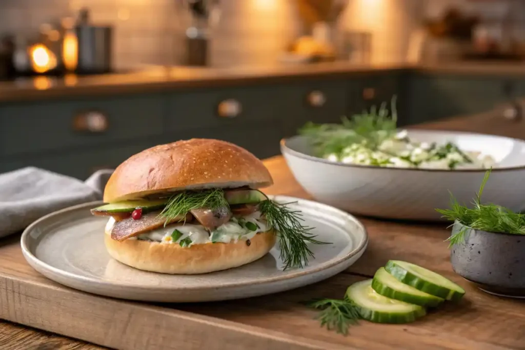 Matjesbrötchen Recipe Matjesbrötchen sandwich served with cucumber salad on a plate.