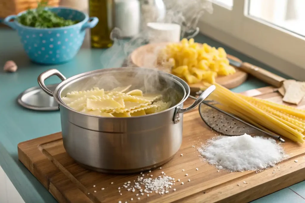 Mafaldine pasta boiling in a pot of salted water.