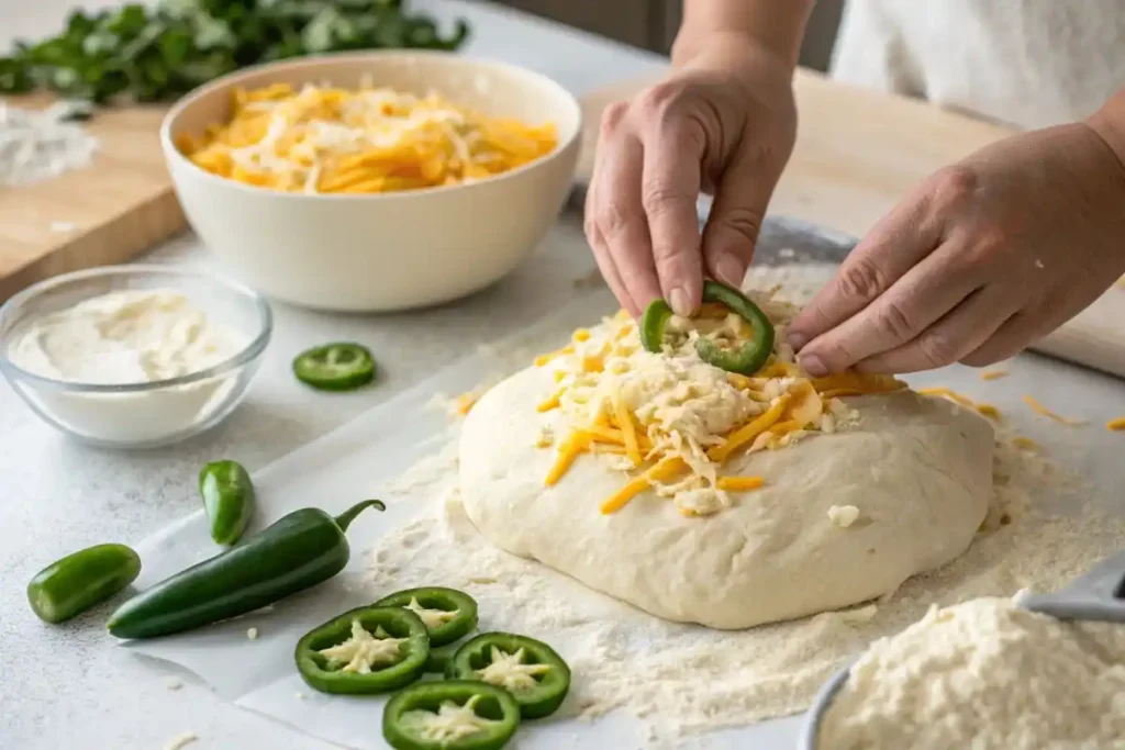 Preparing dough with jalapeños and vegan cheese.