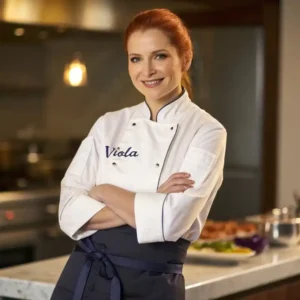 A portrait of Viola, a 38-year-old chef and admin of CooFoodKing, standing confidently in a modern kitchen. She wears a white chef’s coat with her arms folded, exuding passion and expertise in the world of cooking and recipes.