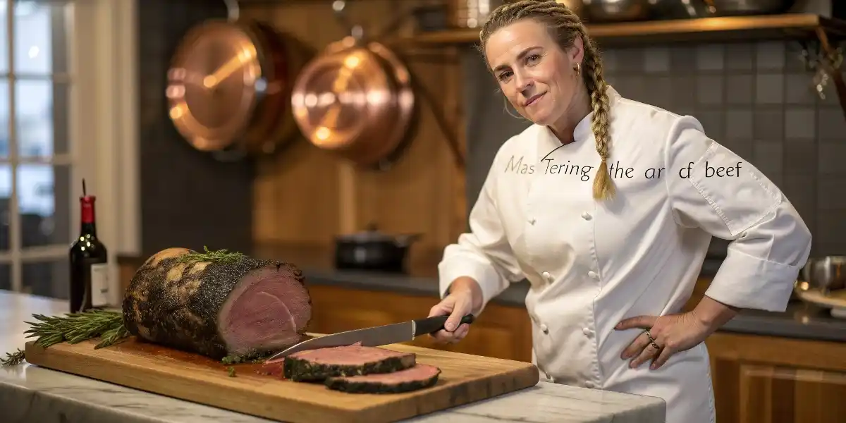 A 38-year-old chef in a crisp white coat proudly presents her ribeye roast recipe masterpiece: a succulent roast with a caramelized crust and pink, juicy slices, garnished with rosemary and flaky salt on a rustic cutting board. Beside her, a polished chef’s knife and warm kitchen ambiance underscore her meticulous culinary craft.