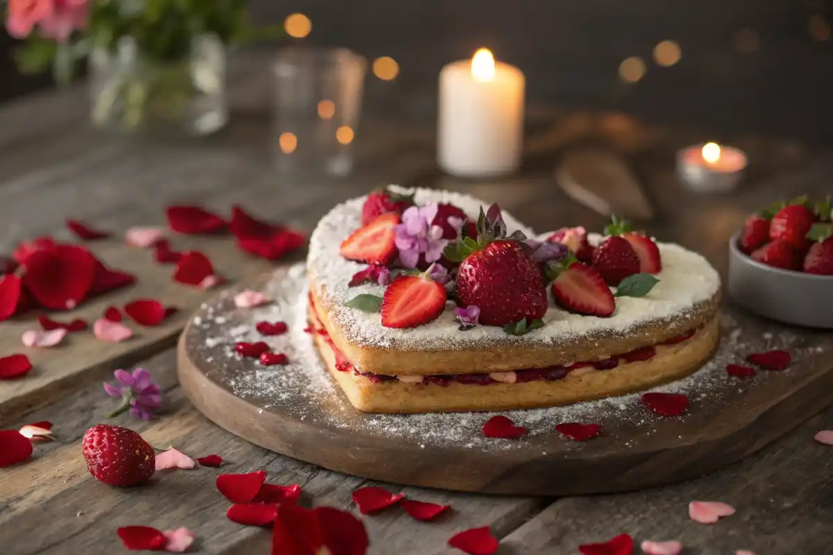 Valentine’s Cake Beautiful heart-shaped Valentine’s cake with strawberries and flowers.