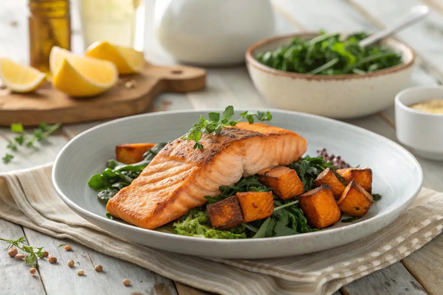 AIP recipes AIP-friendly meal with grilled salmon, roasted sweet potatoes, and fresh greens.