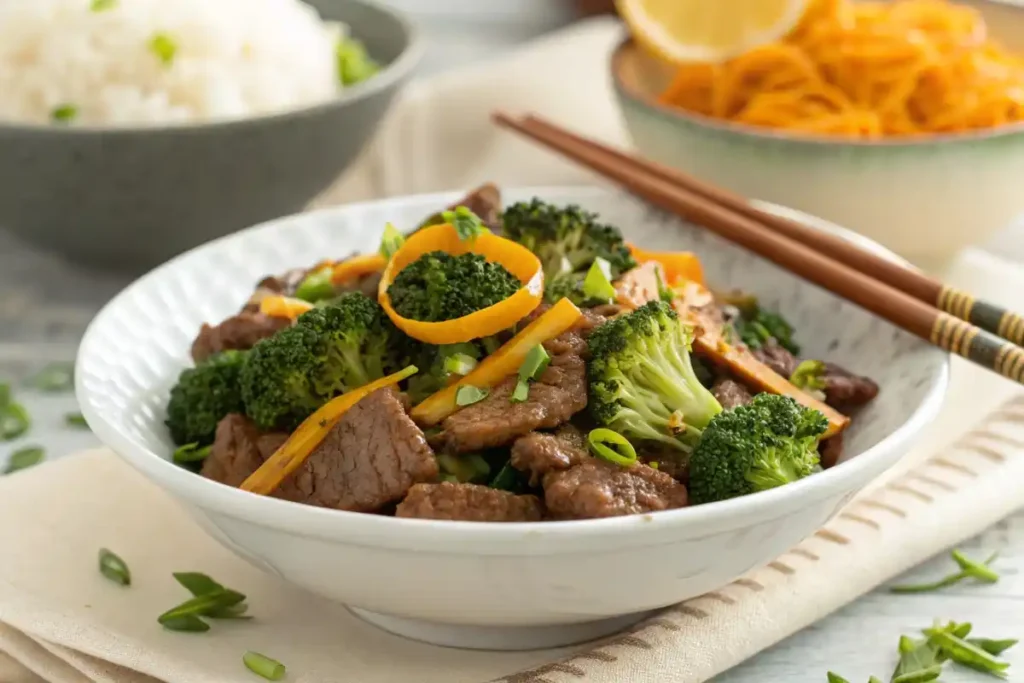 AIP recipes, AIP Orange Peel Beef and Broccoli dinner served in a bowl.