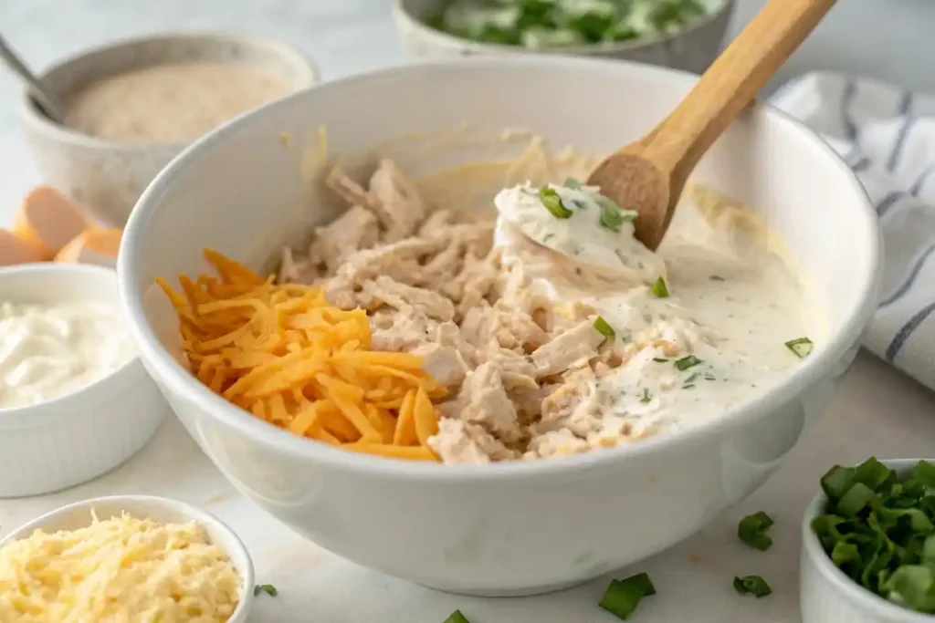 Million Dollar Chicken Casserole Mixing creamy chicken casserole filling in a bowl with a wooden spoon.