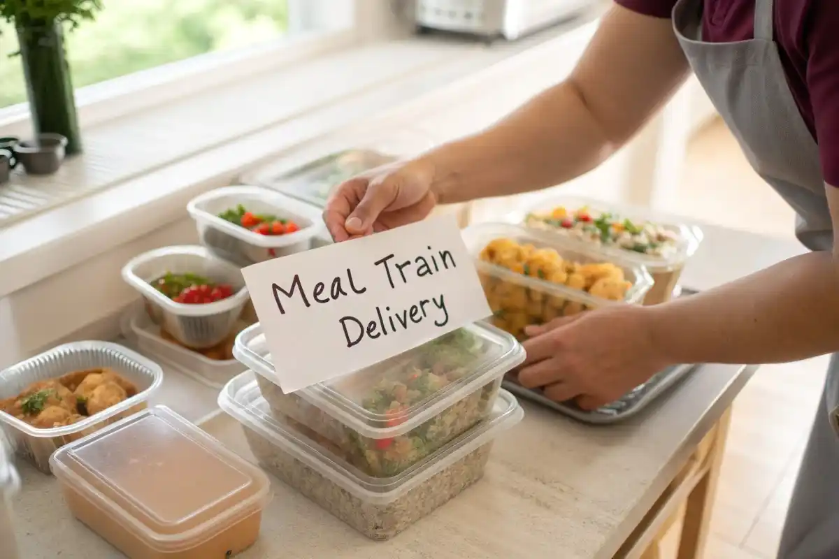 A home-cooked meal being carefully packaged for meal train delivery.