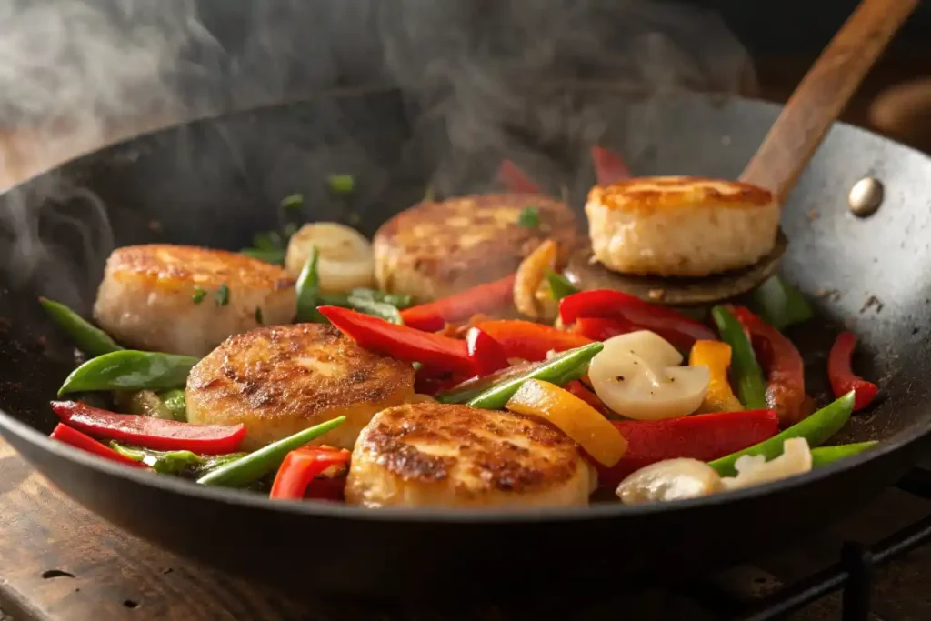The Best Fishcakes and Scallops Stir Fry Recipe – Quick & Flavorful 2 The Best Fishcakes and Scallops Stir Fry Recipe – Quick & Flavorful Fishcakes and scallops stir-frying in a wok