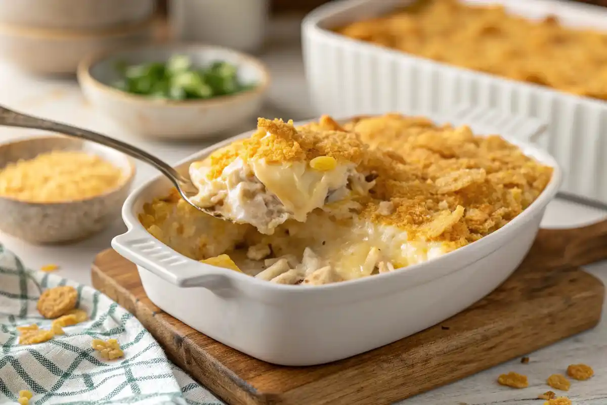 Million Dollar Chicken Casserole in a baking dish with a crispy golden topping.