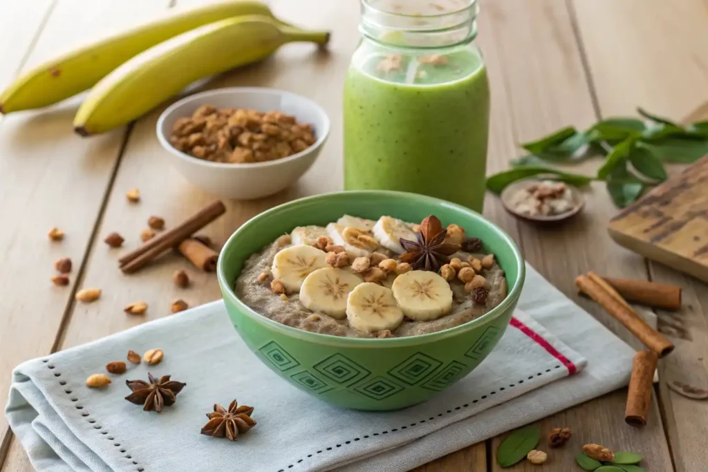 AIP recipes, AIP tigernut porridge with banana slices and a green smoothie.