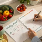 Seasonal meal planning ideas A kitchen counter with a seasonal meal planning sheet and fresh produce.