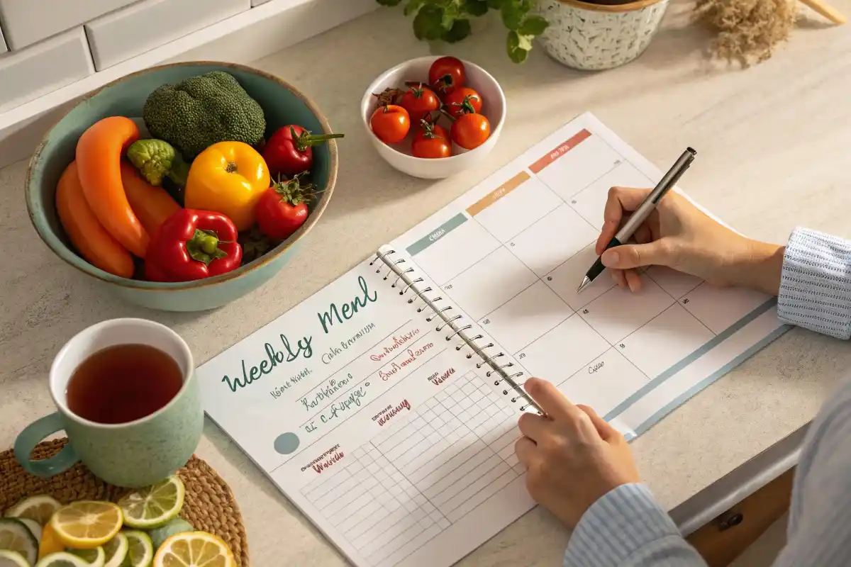 Seasonal meal planning ideas A kitchen counter with a seasonal meal planning sheet and fresh produce.