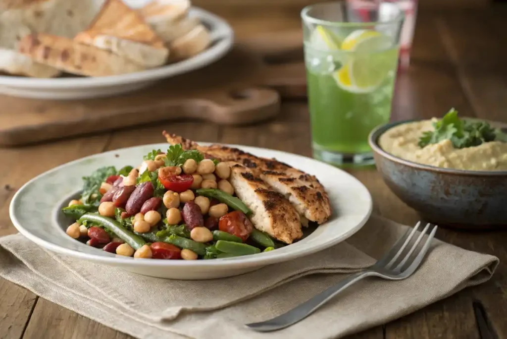 dense bean salad recipe A serving of dense bean salad with grilled chicken and whole-wheat pita bread.